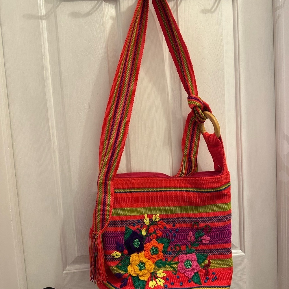 Red and Green Floral Embroidered Hobo Bag
